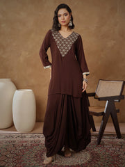 Women Brown Embroidered Short Kurta With Dhoti Skirt-SHSET96546