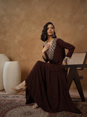 Women Brown Embroidered Short Kurta With Dhoti Skirt-SHSET96546