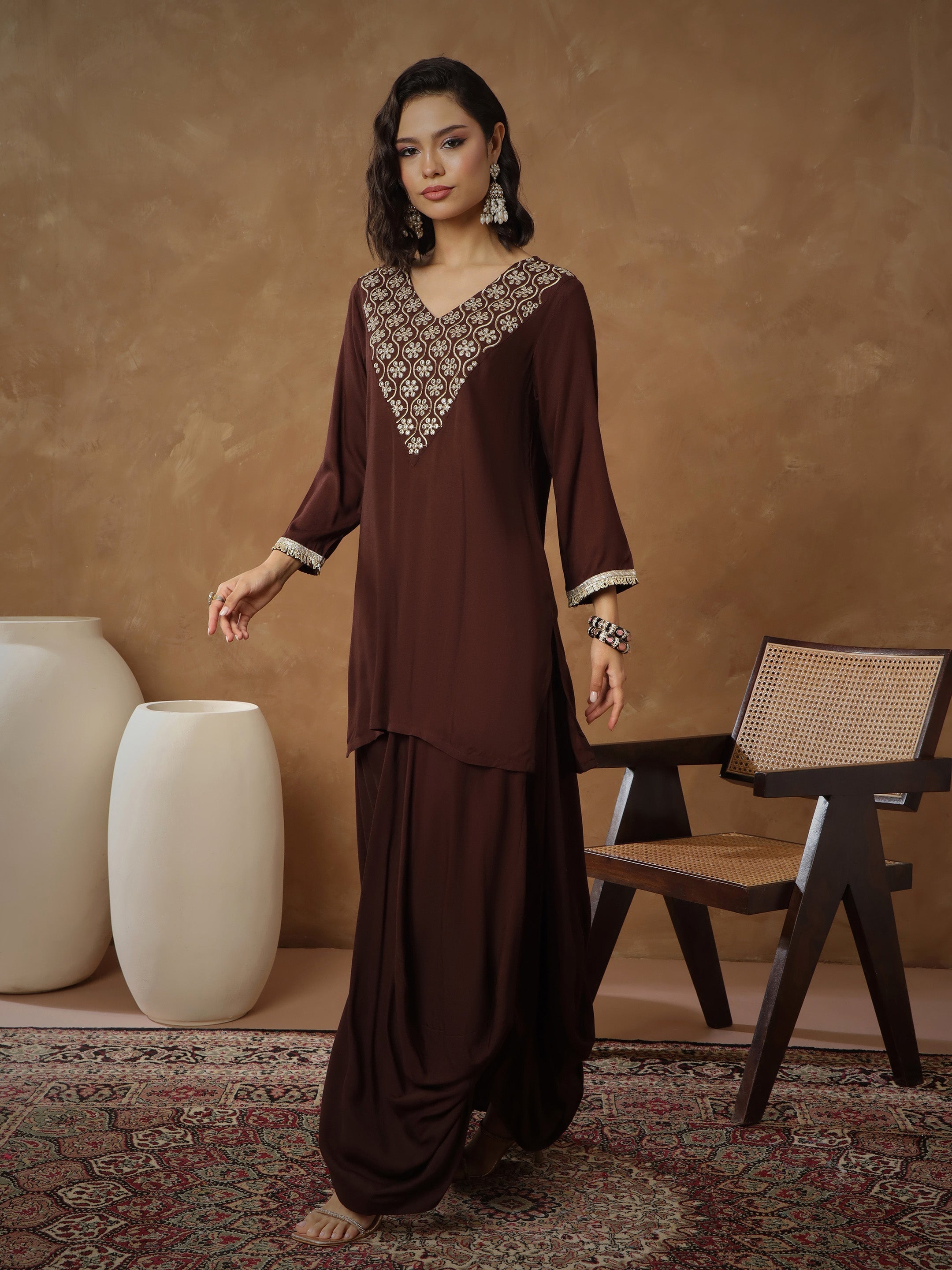 Women Brown Embroidered Short Kurta With Dhoti Skirt-SHSET96546