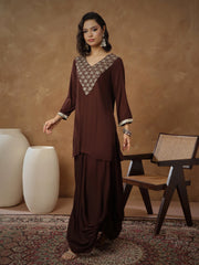 Women Brown Embroidered Short Kurta With Dhoti Skirt-SHSET96546