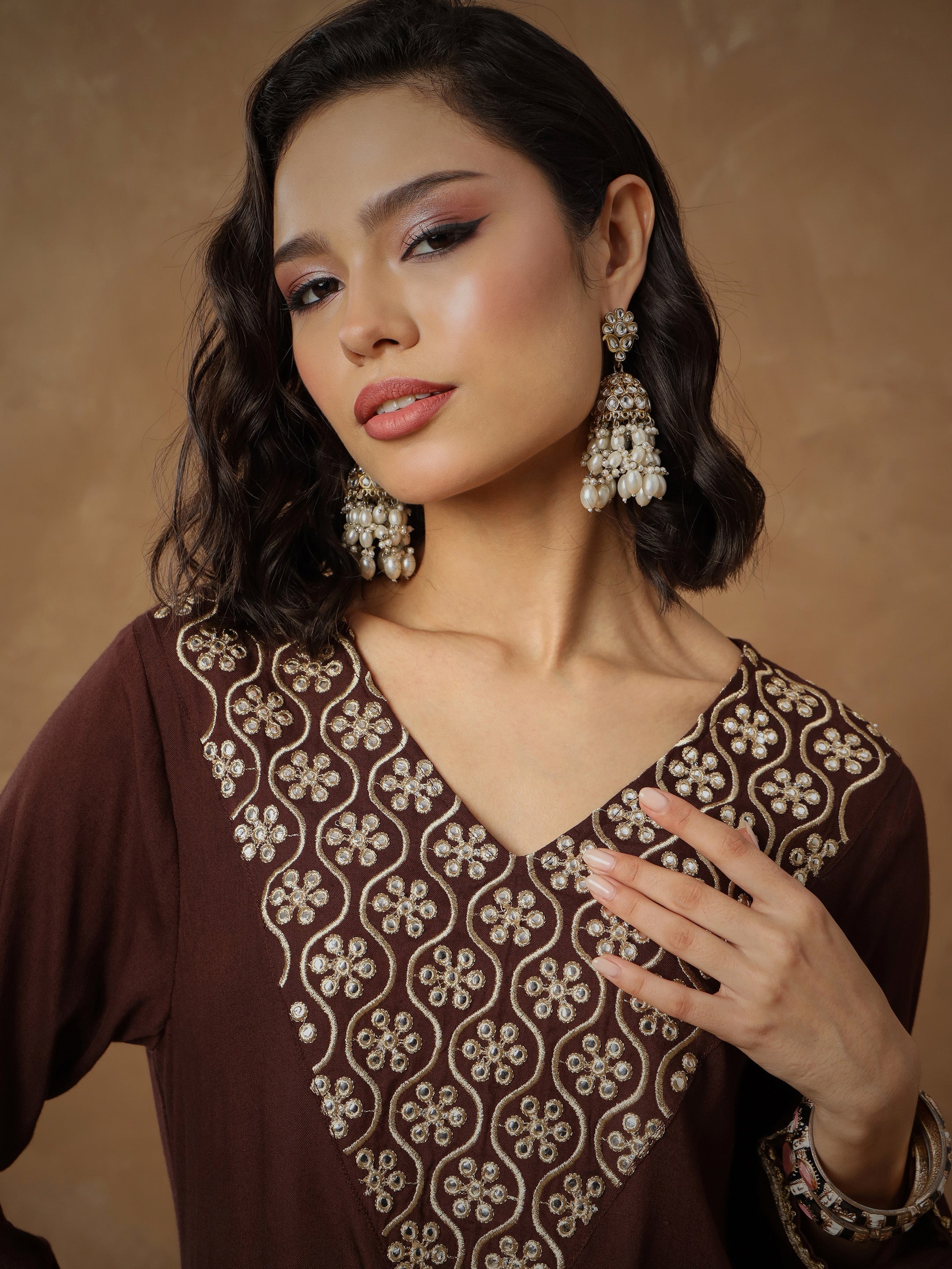 Women Brown Embroidered Short Kurta With Dhoti Skirt-SHSET96546