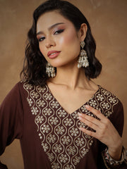 Women Brown Embroidered Short Kurta With Dhoti Skirt-SHSET96546