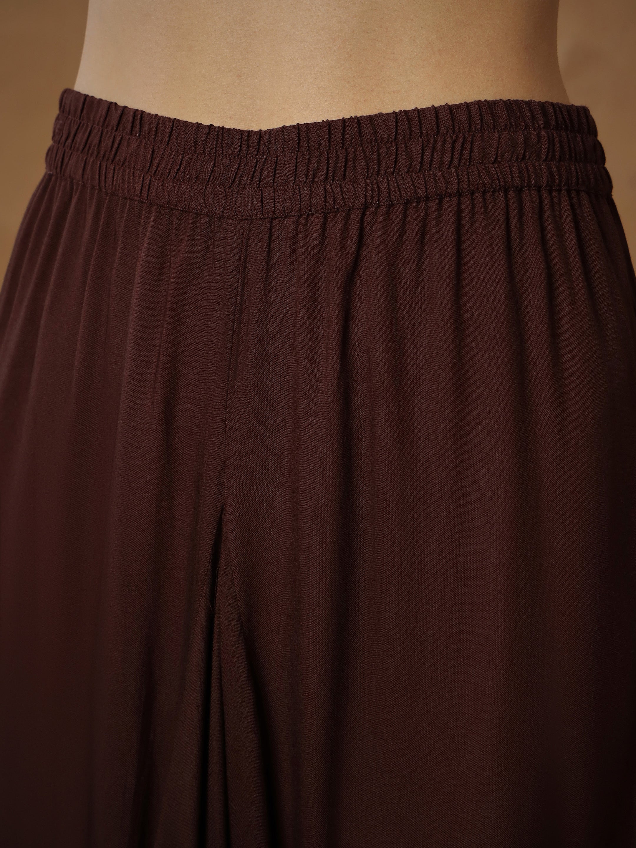 Women Brown Embroidered Short Kurta With Dhoti Skirt-SHSET96546