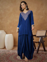 Women Navy Embroidered Short Kurta With Dhoti Skirt-SHSET96547