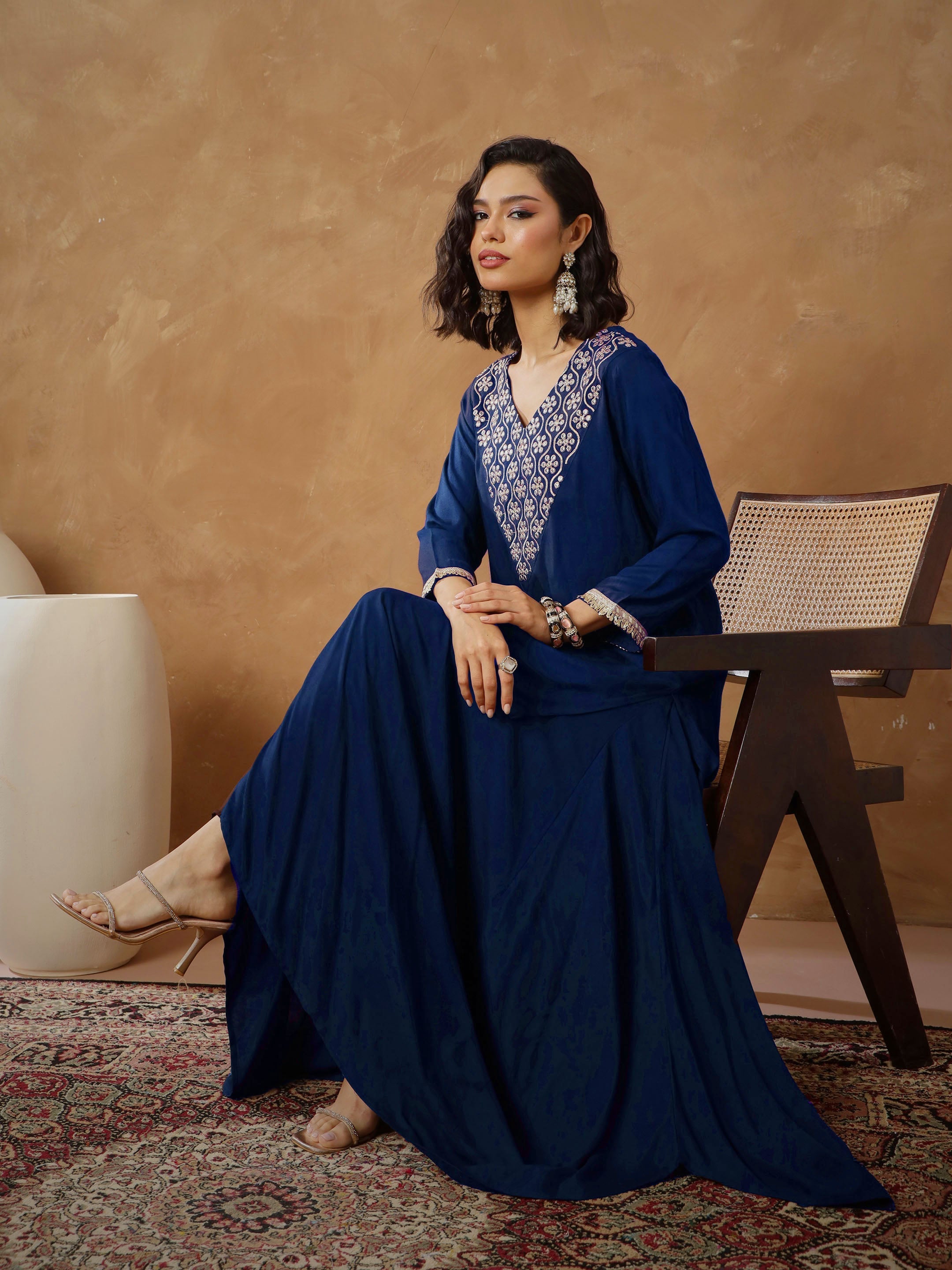 Women Navy Embroidered Short Kurta With Dhoti Skirt-SHSET96547