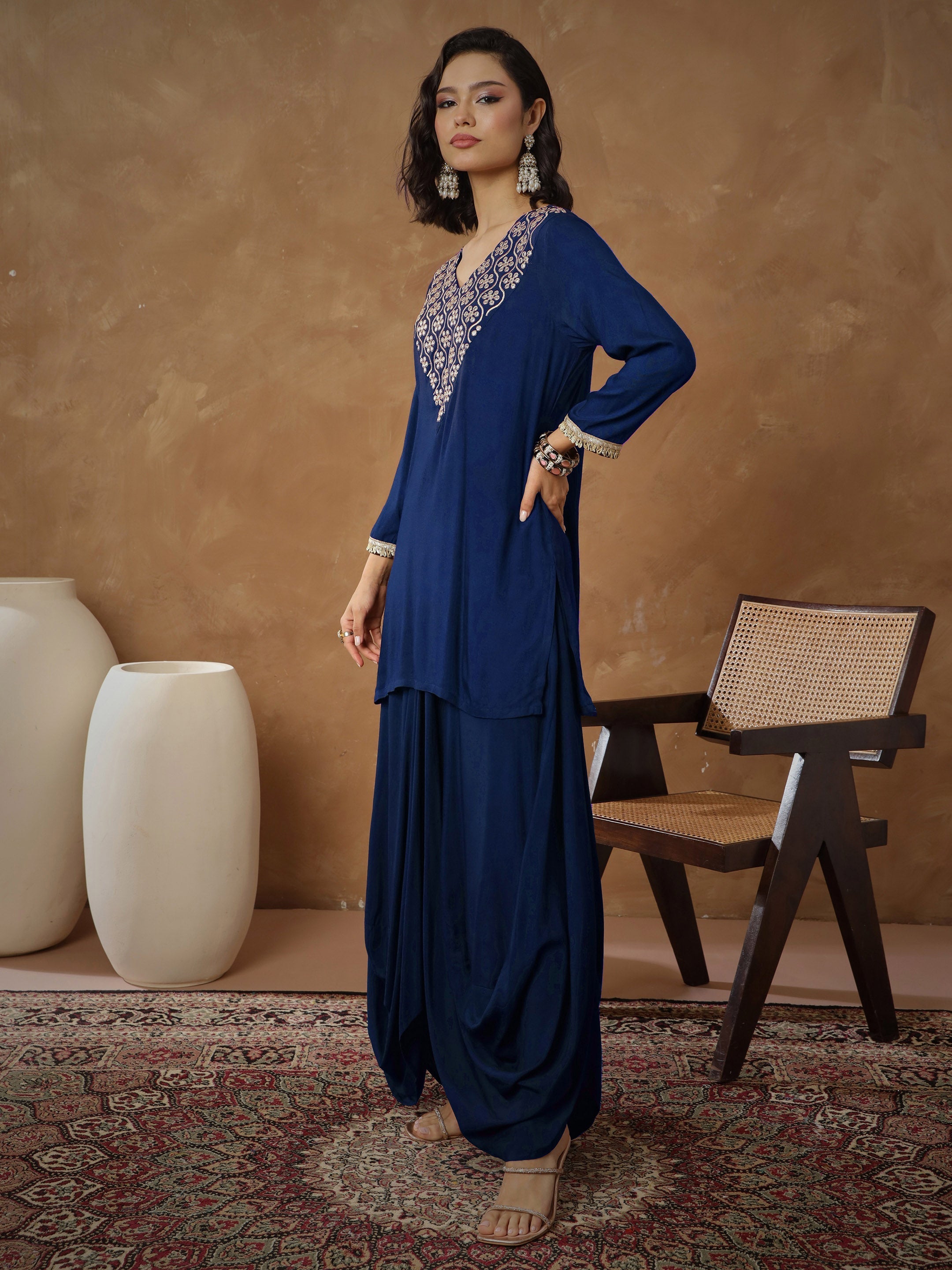 Women Navy Embroidered Short Kurta With Dhoti Skirt-SHSET96547