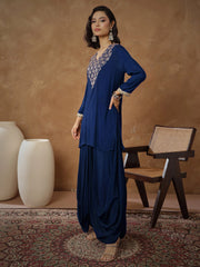 Women Navy Embroidered Short Kurta With Dhoti Skirt-SHSET96547