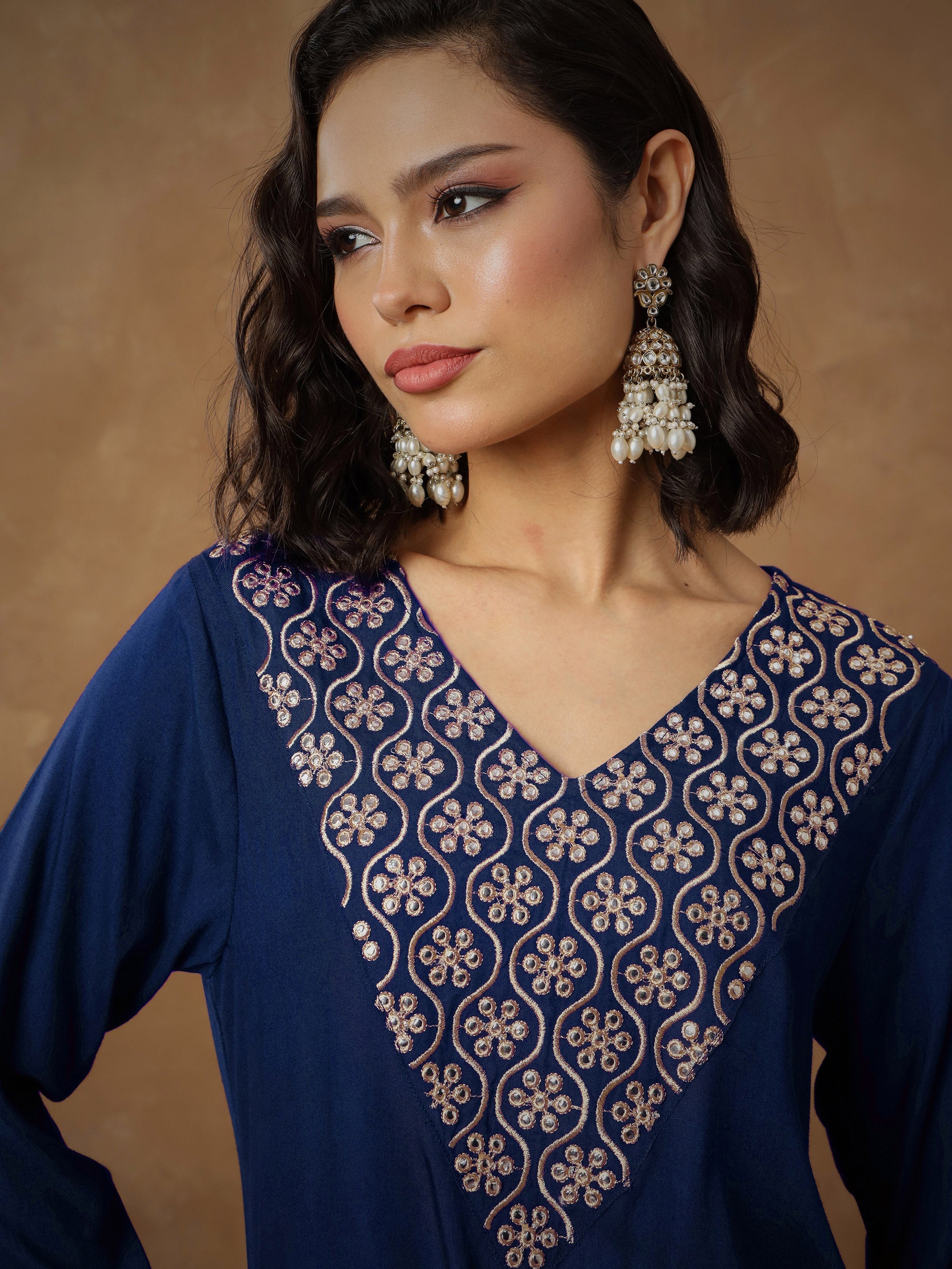 Women Navy Embroidered Short Kurta With Dhoti Skirt-SHSET96547