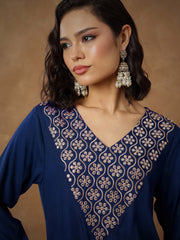 Women Navy Embroidered Short Kurta With Dhoti Skirt-SHSET96547