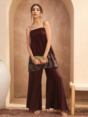 Women Brown Embroidered Strappy Kurta With Palazzos-SHSET96549