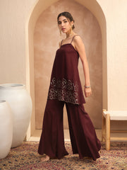 Women Brown Embroidered Strappy Kurta With Palazzos-SHSET96549