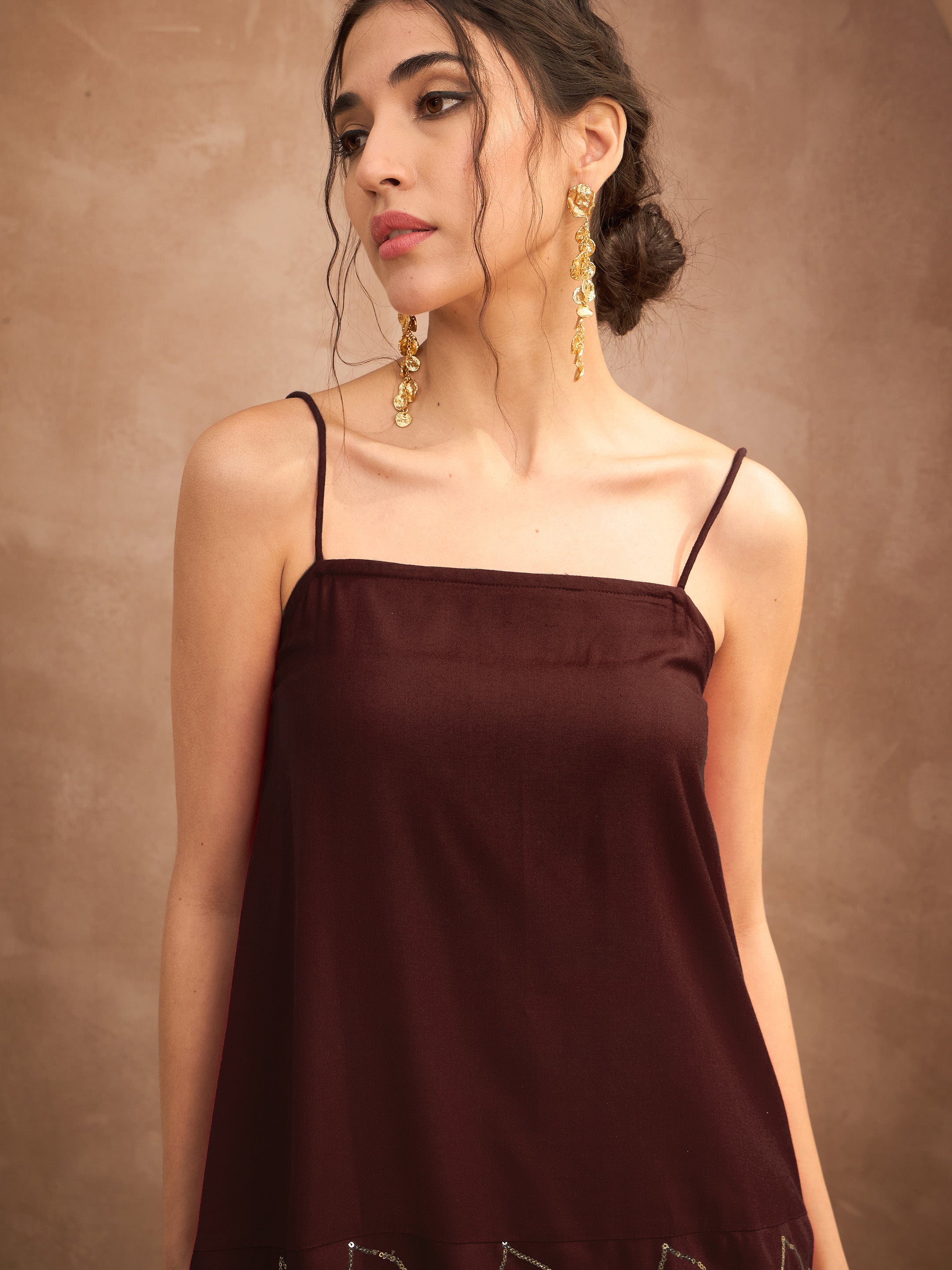 Women Brown Embroidered Strappy Kurta With Palazzos-SHSET96549