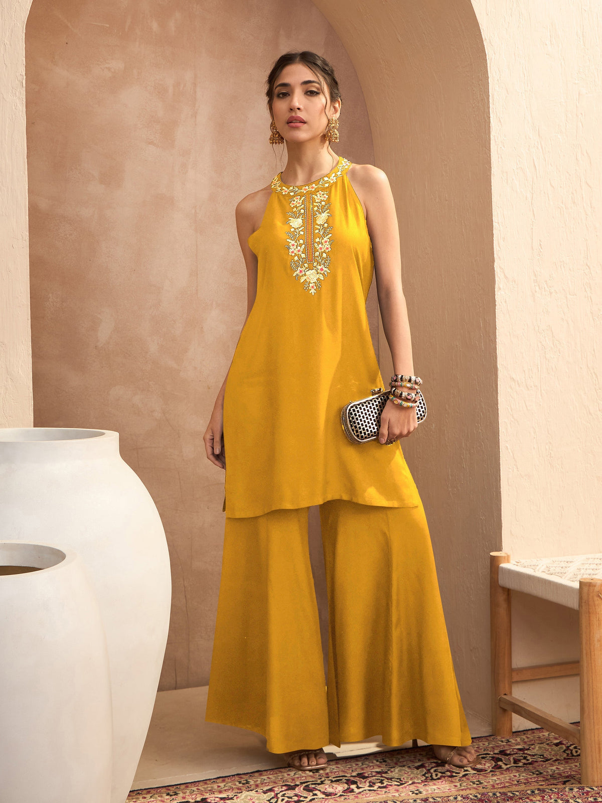 Women Mustard Embroidered Halter Kurta With Palazzos-SHSET96551