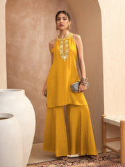 Women Mustard Embroidered Halter Kurta With Palazzos-SHSET96551
