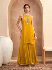 Women Mustard Embroidered Halter Kurta With Palazzos-SHSET96551
