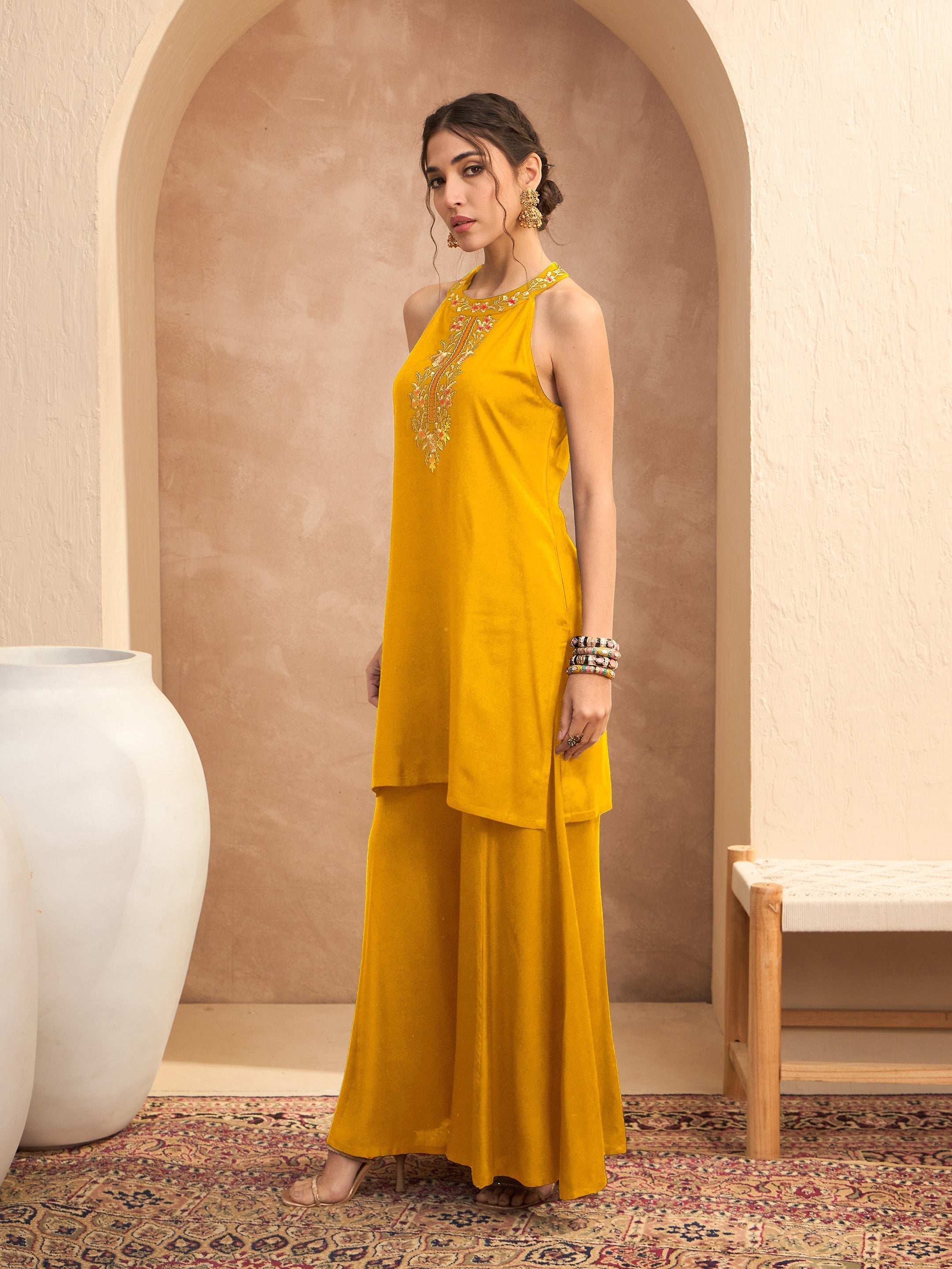 Women Mustard Embroidered Halter Kurta With Palazzos-SHSET96551