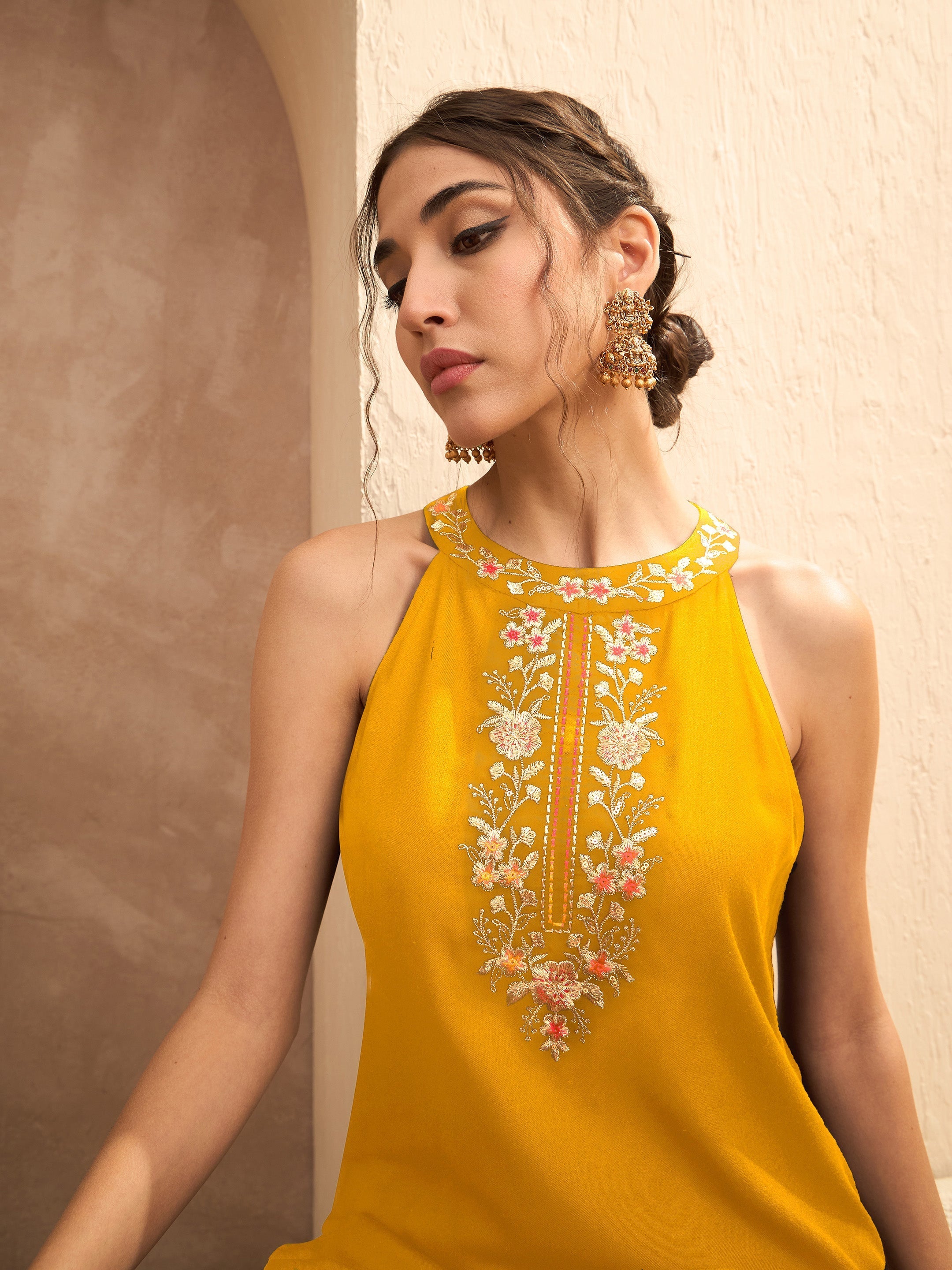 Women Mustard Embroidered Halter Kurta With Palazzos-SHSET96551