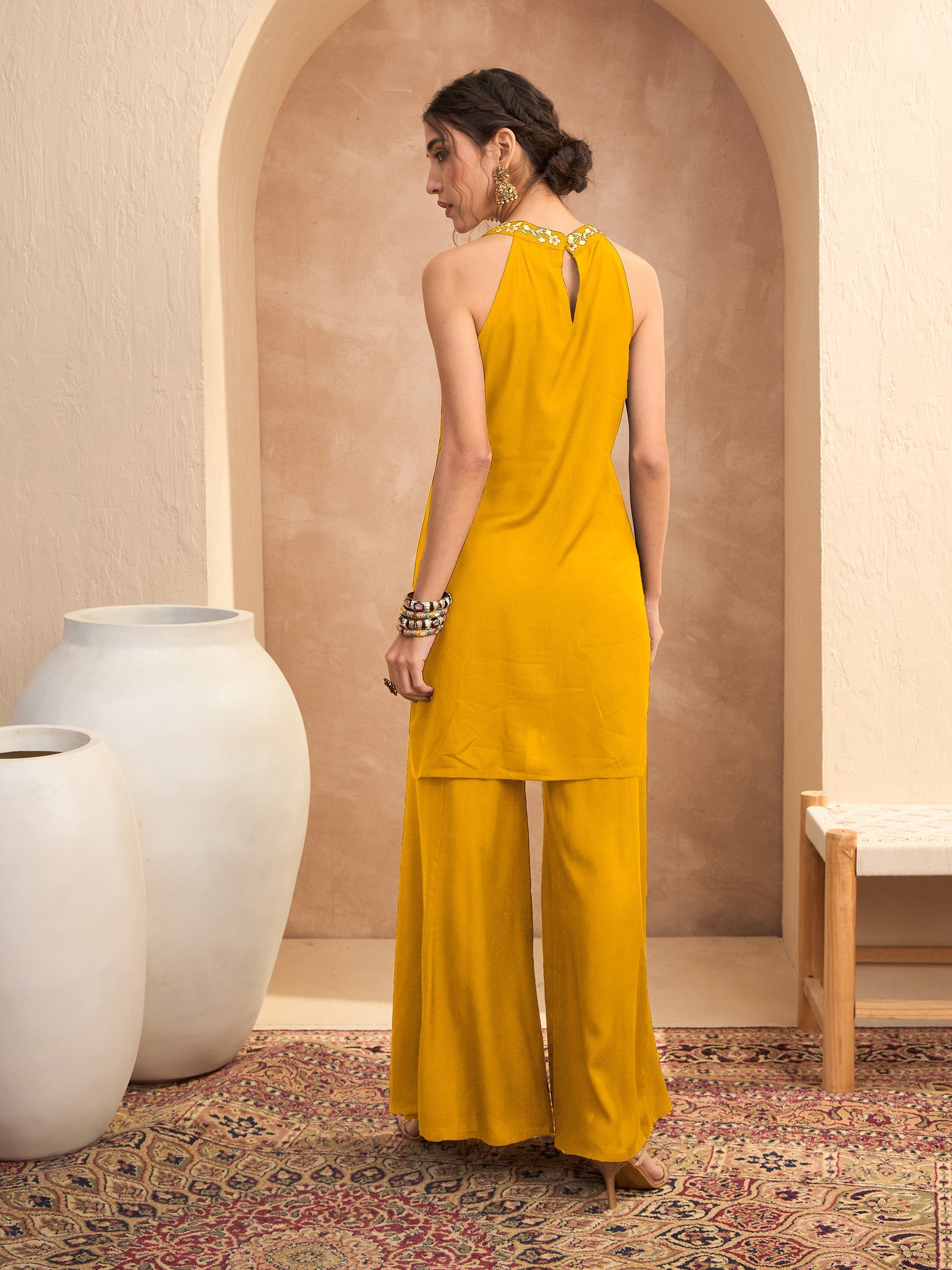Women Mustard Embroidered Halter Kurta With Palazzos-SHSET96551