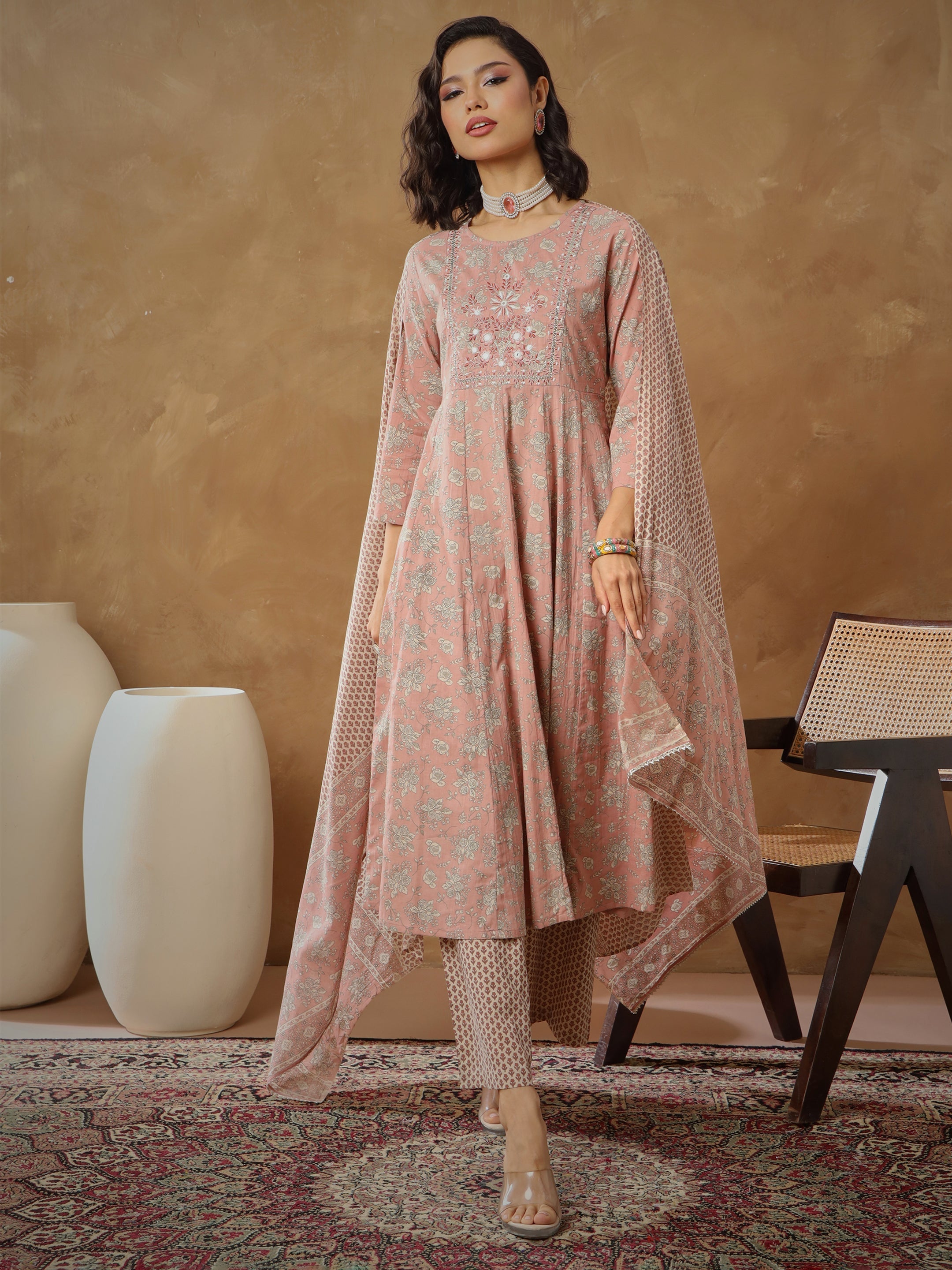 Women Peach Floral Anarkali Kurta With Pants & Dupatta-SHSET96552