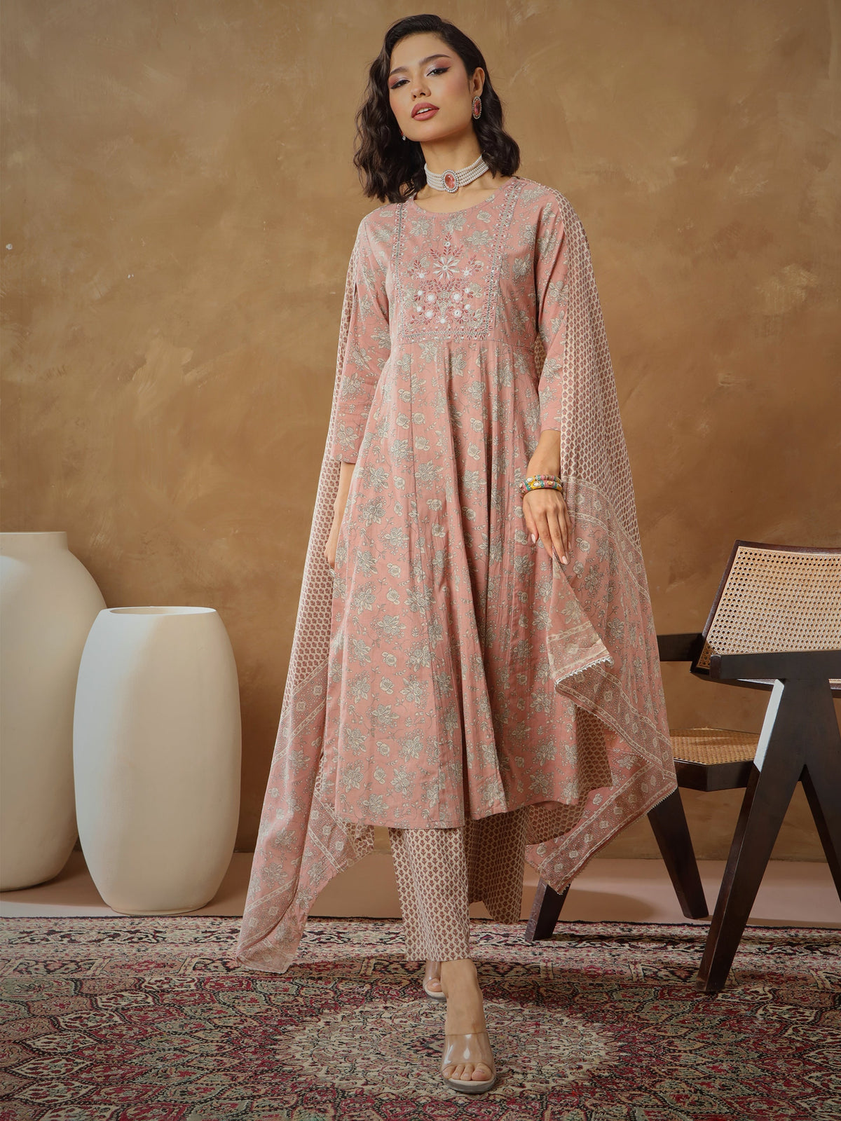Women Peach Floral Anarkali Kurta With Pants & Dupatta-SHSET96552