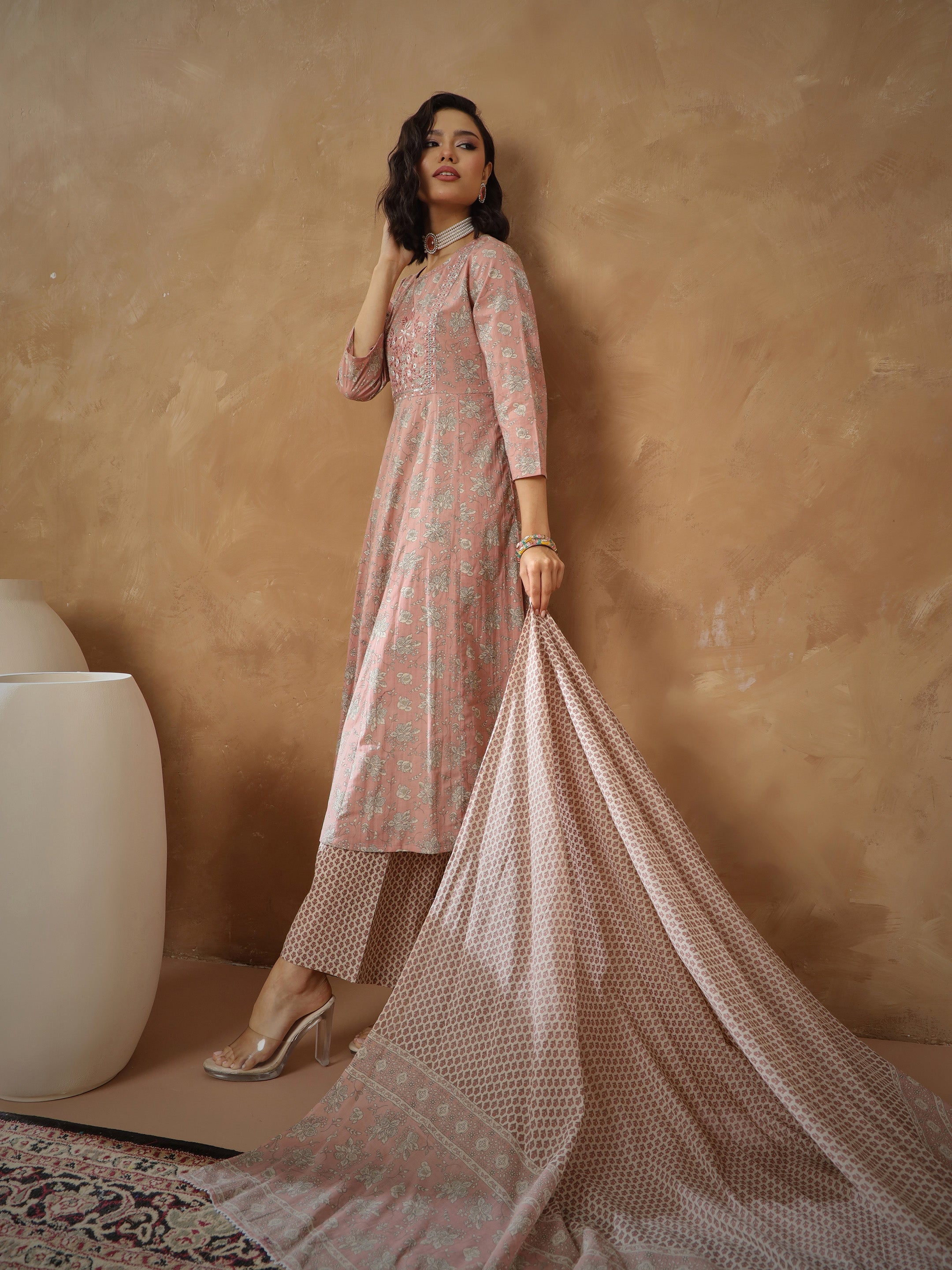 Women Peach Floral Anarkali Kurta With Pants & Dupatta-SHSET96552