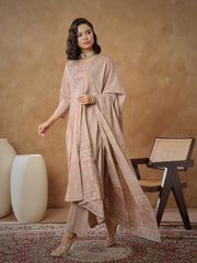 Women Peach Floral Anarkali Kurta With Pants & Dupatta-SHSET96552