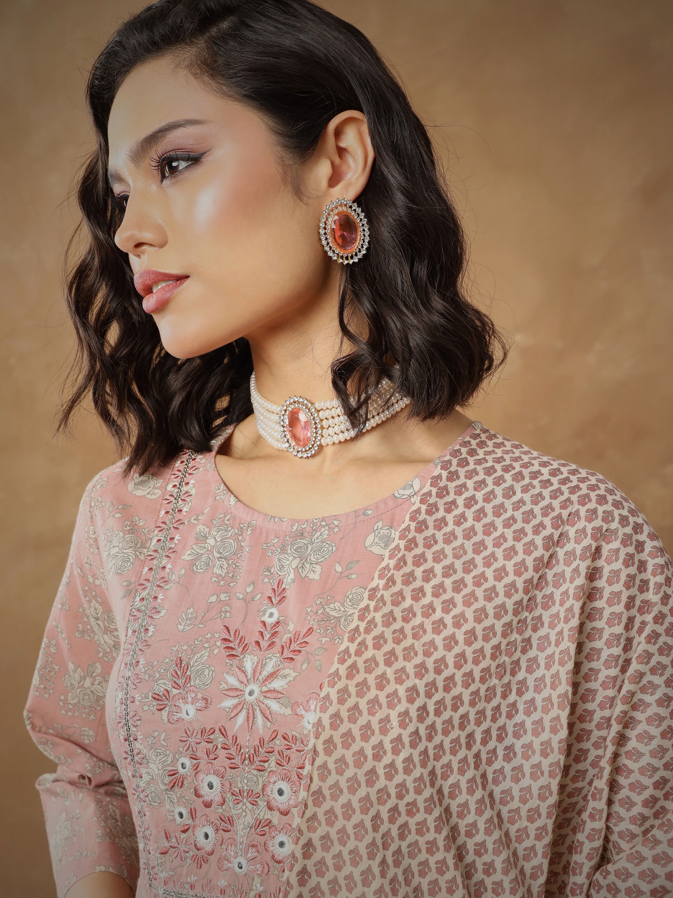 Women Peach Floral Anarkali Kurta With Pants & Dupatta-SHSET96552