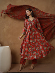 Women Red Floral Anarkali Kurta With Pants & Dupatta-SHSET96553