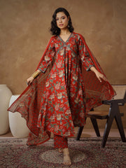 Women Red Floral Anarkali Kurta With Pants & Dupatta-SHSET96553