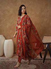 Women Red Floral Anarkali Kurta With Pants & Dupatta-SHSET96553