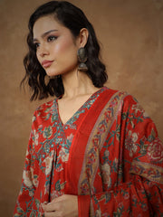 Women Red Floral Anarkali Kurta With Pants & Dupatta-SHSET96553