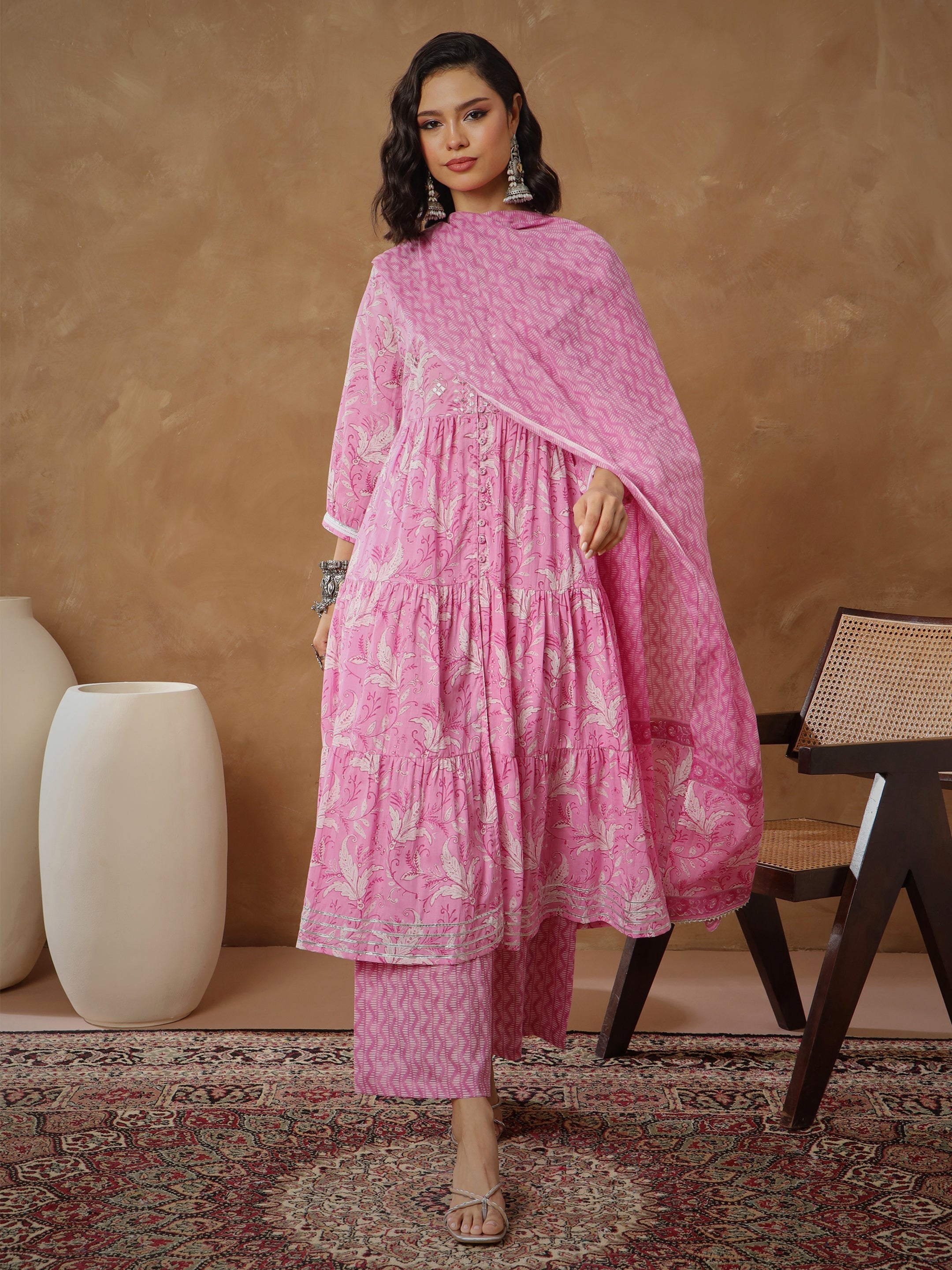 Women Pink Floral Tiered Anarkali Kurta With Pants & Dupatta-SHSET96554