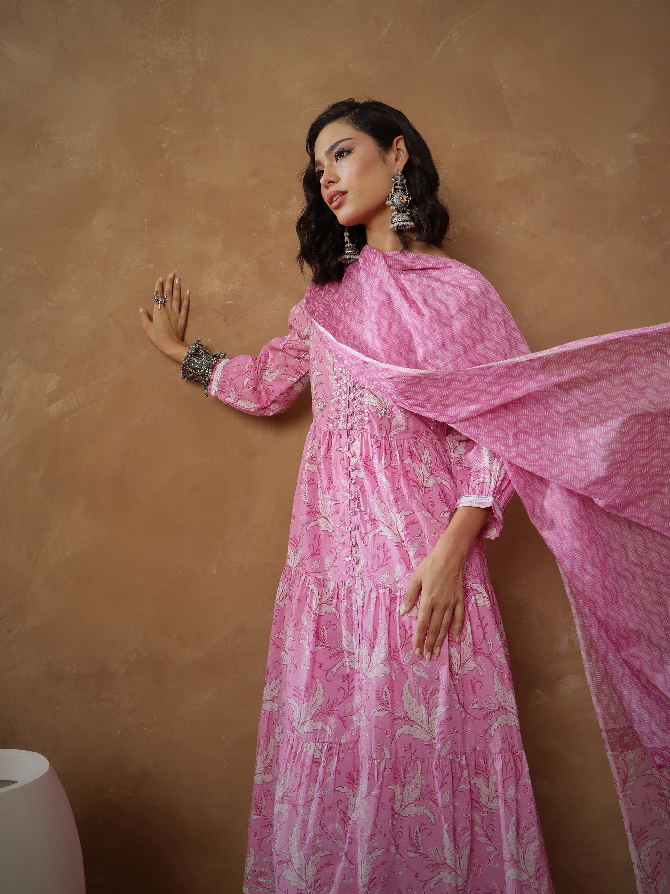 Women Pink Floral Tiered Anarkali Kurta With Pants & Dupatta-SHSET96554