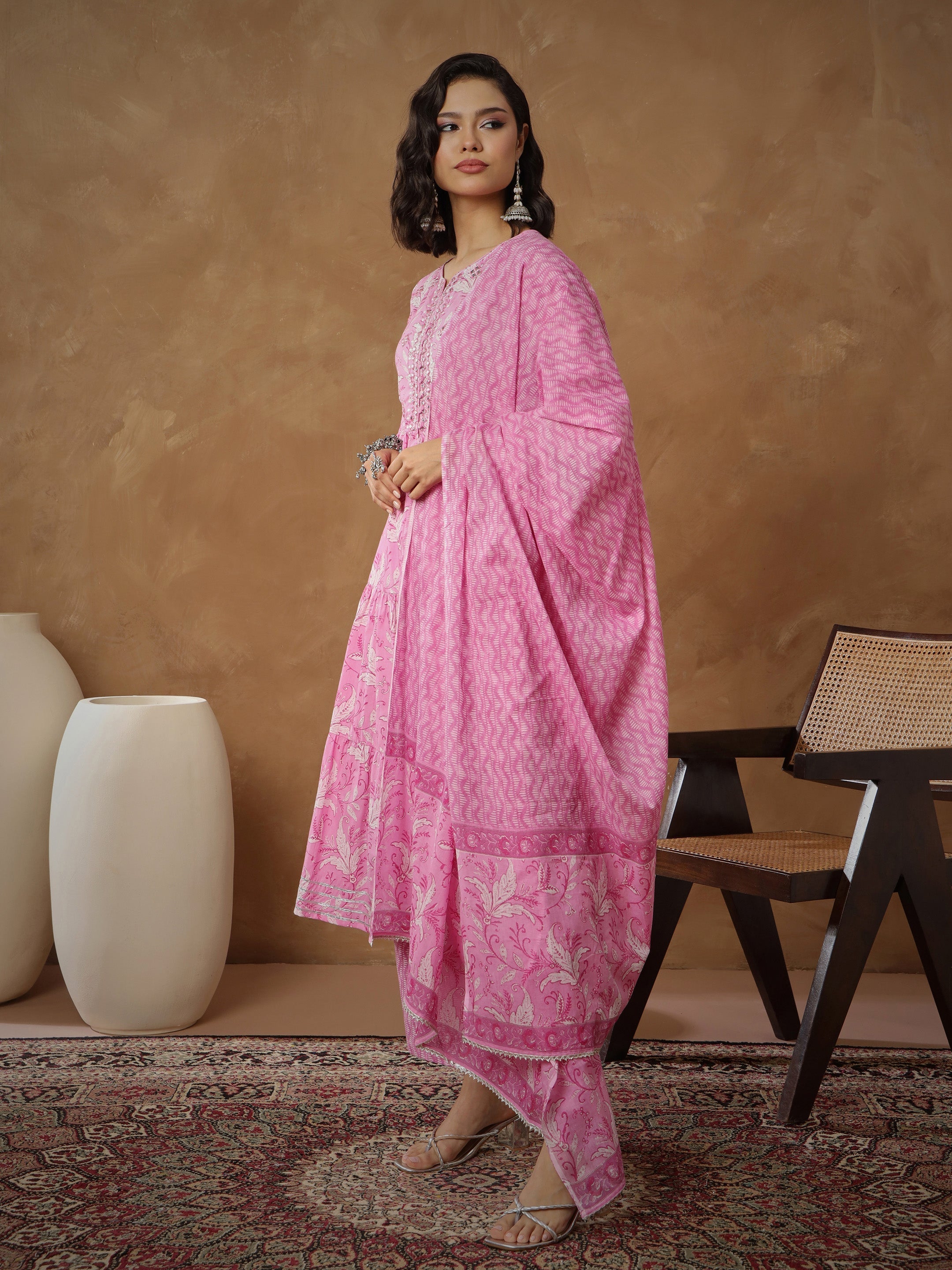 Women Pink Floral Tiered Anarkali Kurta With Pants & Dupatta-SHSET96554