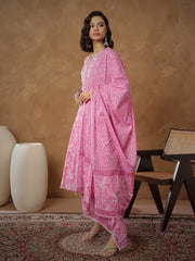 Women Pink Floral Tiered Anarkali Kurta With Pants & Dupatta-SHSET96554
