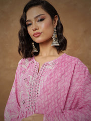 Women Pink Floral Tiered Anarkali Kurta With Pants & Dupatta-SHSET96554