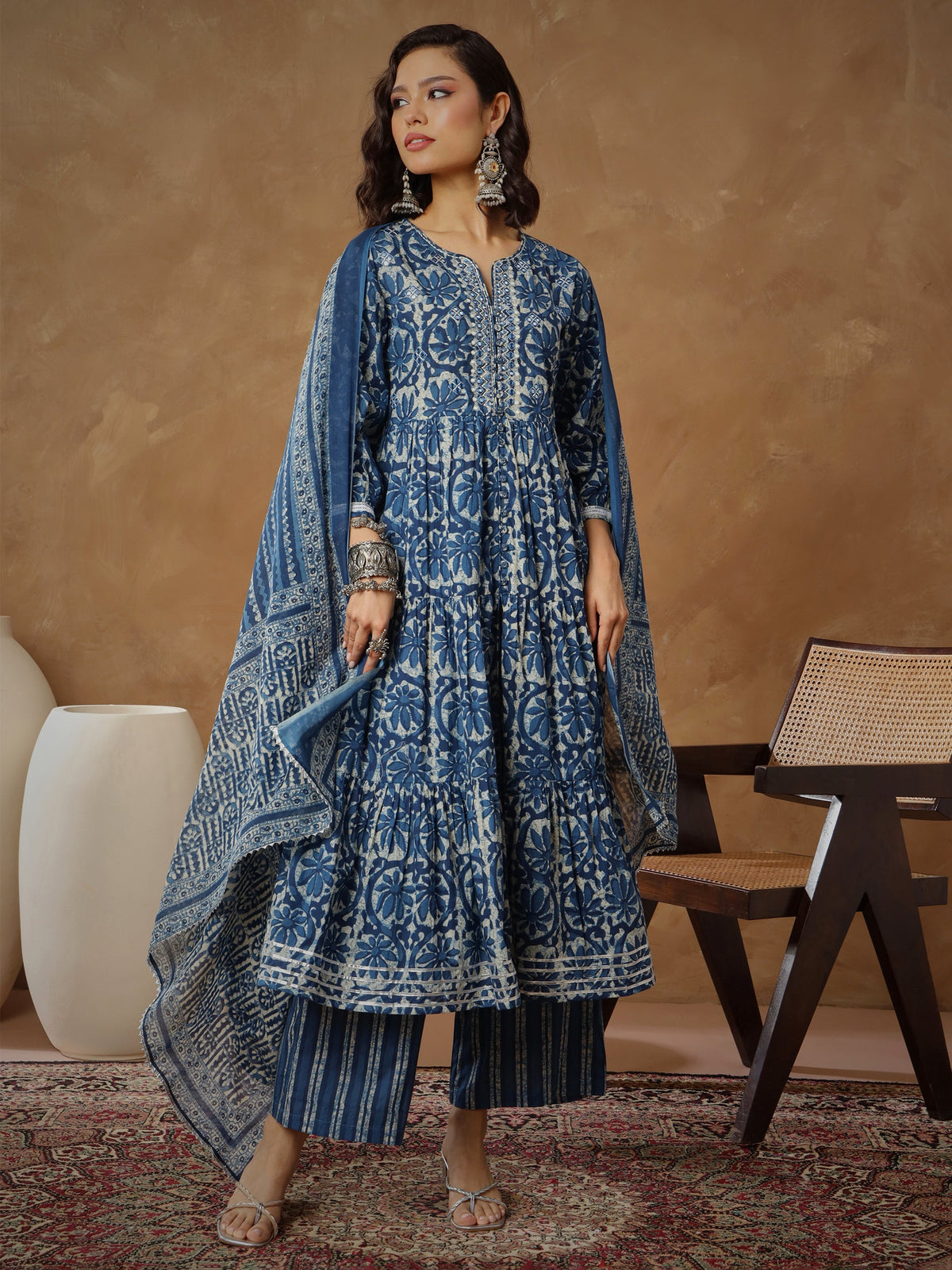 Women Navy Floral Tiered Anarkali Kurta With Pants & Dupatta-SHSET96555
