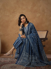 Women Navy Floral Tiered Anarkali Kurta With Pants & Dupatta-SHSET96555