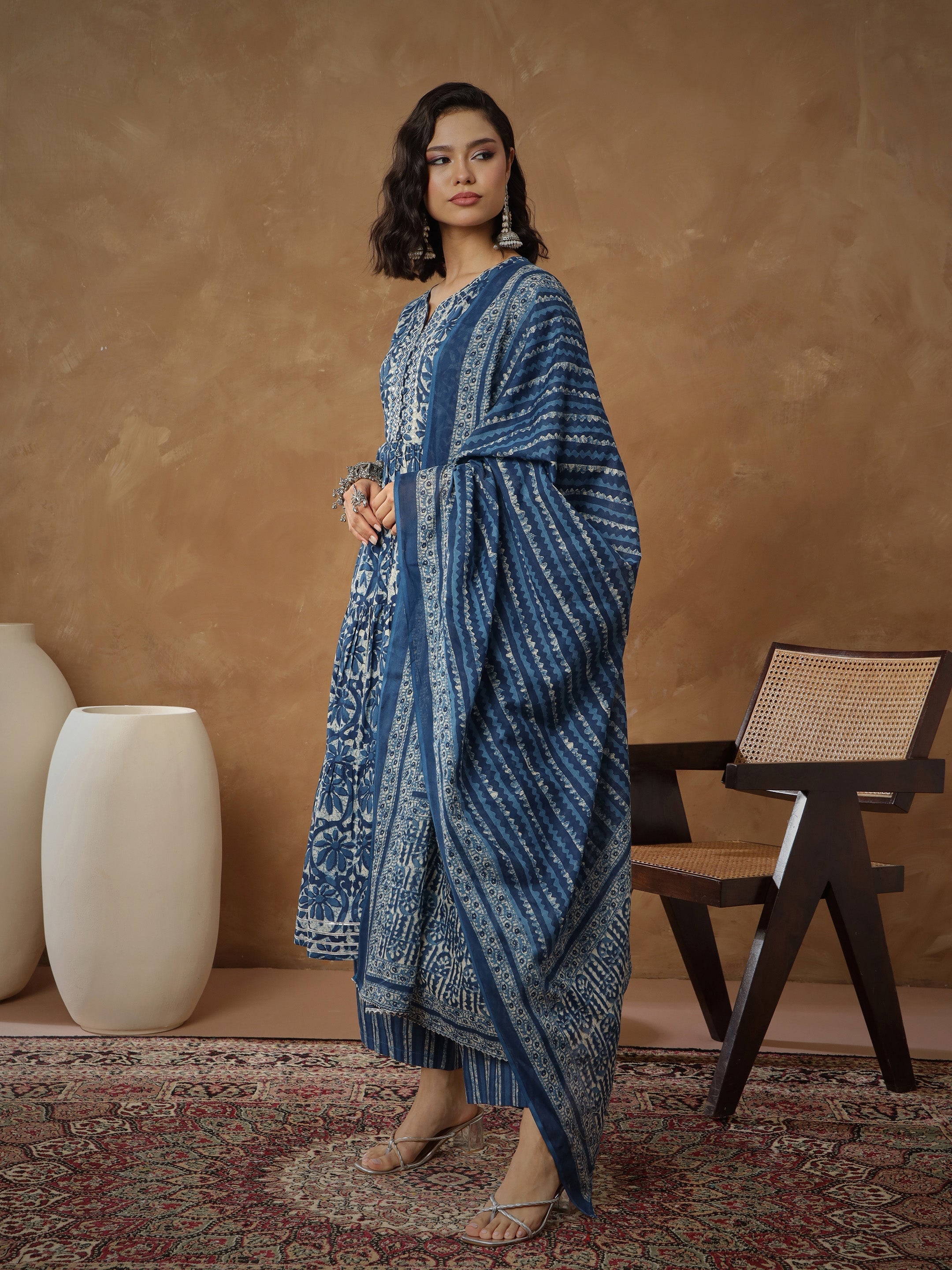 Women Navy Floral Tiered Anarkali Kurta With Pants & Dupatta-SHSET96555