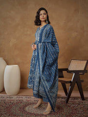 Women Navy Floral Tiered Anarkali Kurta With Pants & Dupatta-SHSET96555