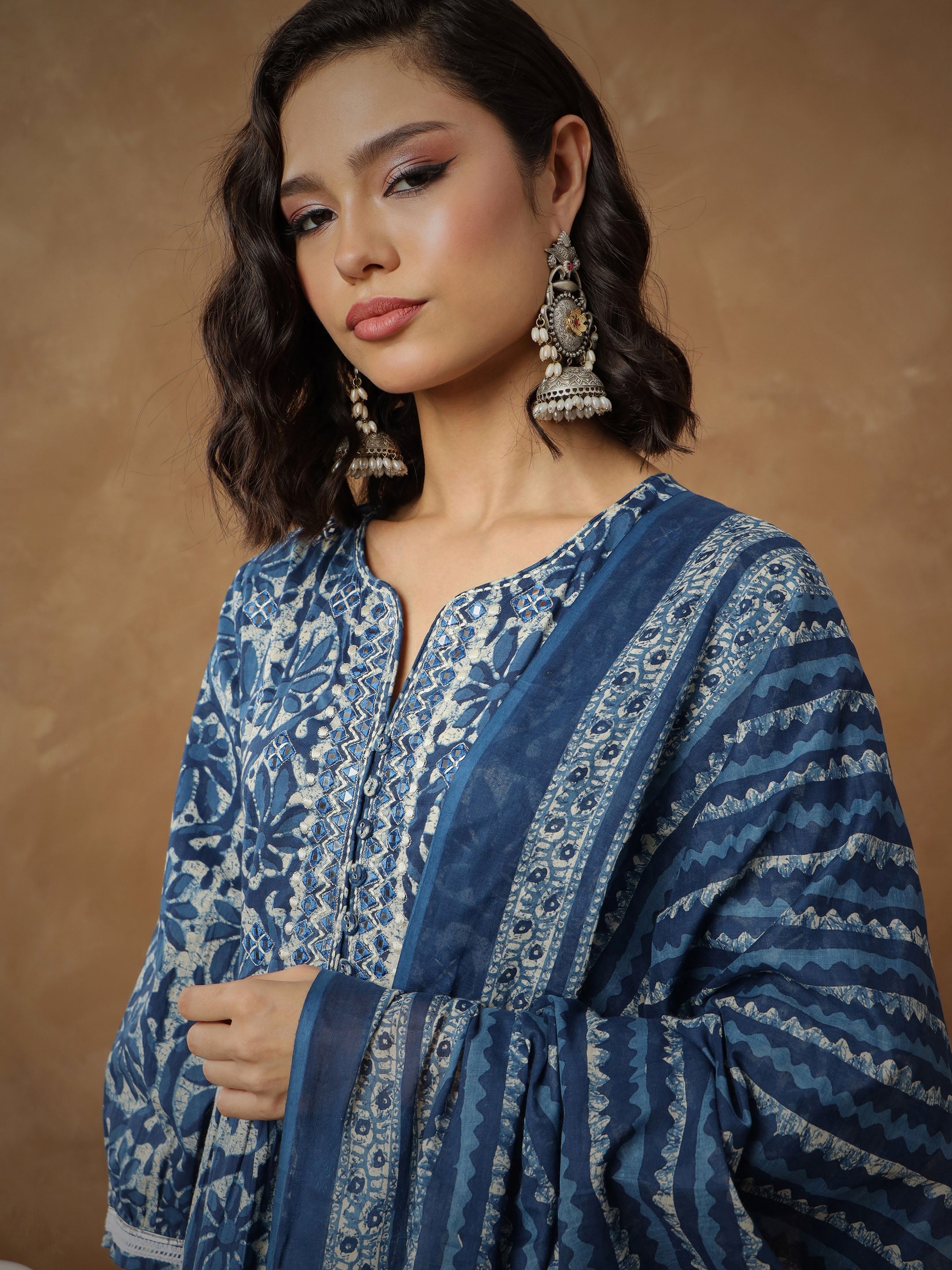 Women Navy Floral Tiered Anarkali Kurta With Pants & Dupatta-SHSET96555