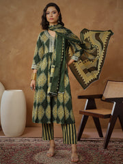 Women Green Floral Gathered Kurta With Pants & Dupatta-SHSET96557