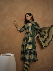 Women Green Floral Gathered Kurta With Pants & Dupatta-SHSET96557