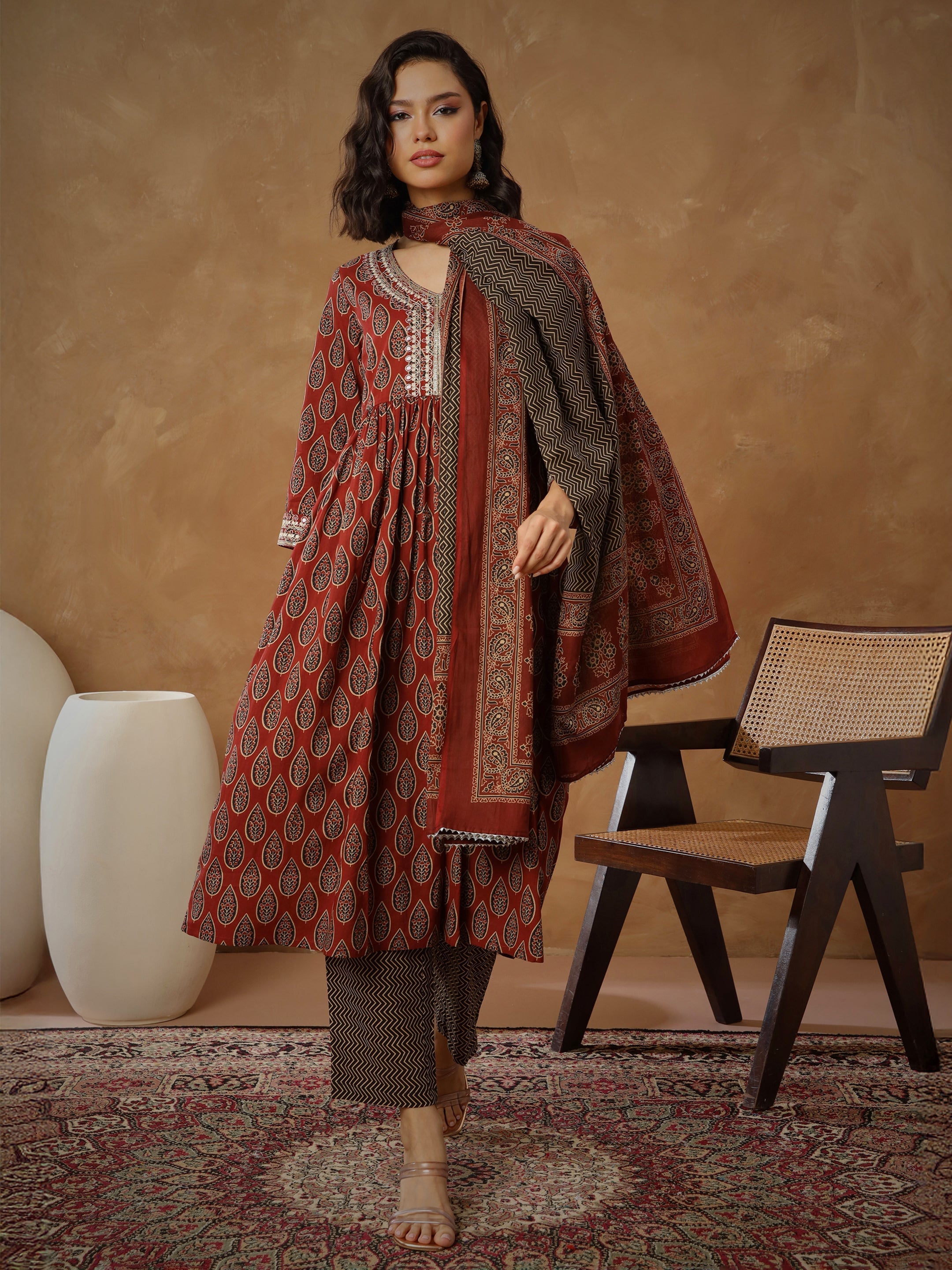 Women Maroon Floral Gathered Kurta With Pants & Dupatta-SHSET96558