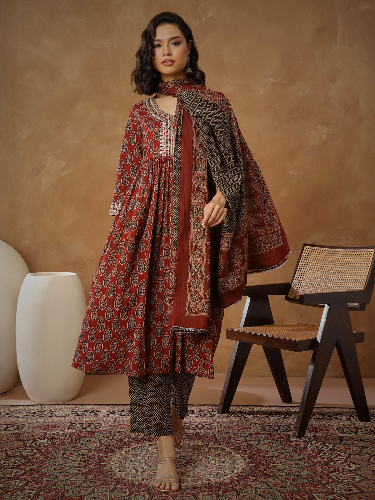 Women Maroon Floral Gathered Kurta With Pants & Dupatta-SHSET96558