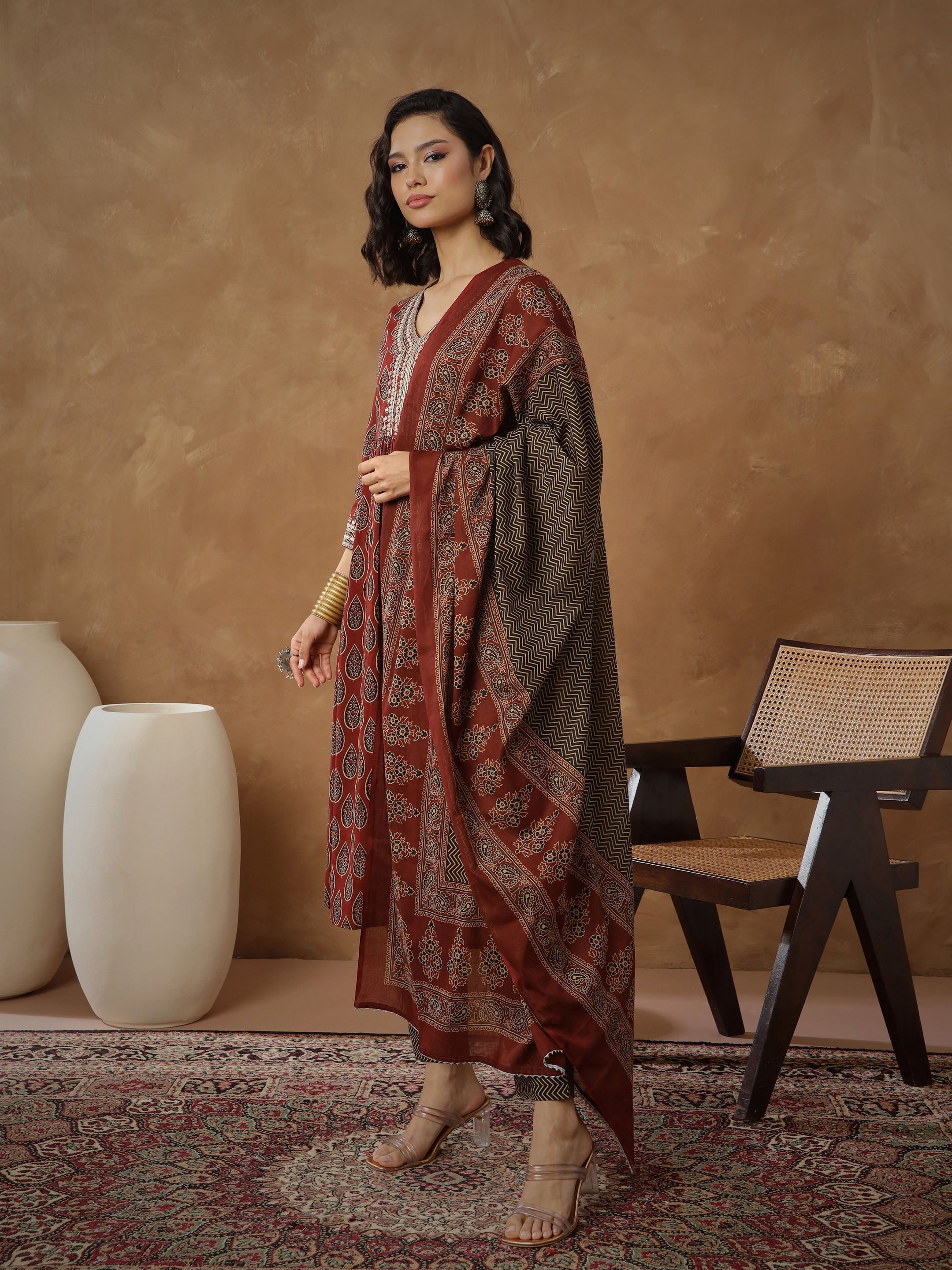 Women Maroon Floral Gathered Kurta With Pants & Dupatta-SHSET96558