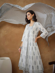 Women White Ethnic Motif Anarkali Kurta With Pants & Dupatta-SHSET96559