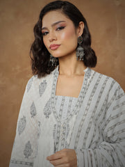 Women White Ethnic Motif Anarkali Kurta With Pants & Dupatta-SHSET96559