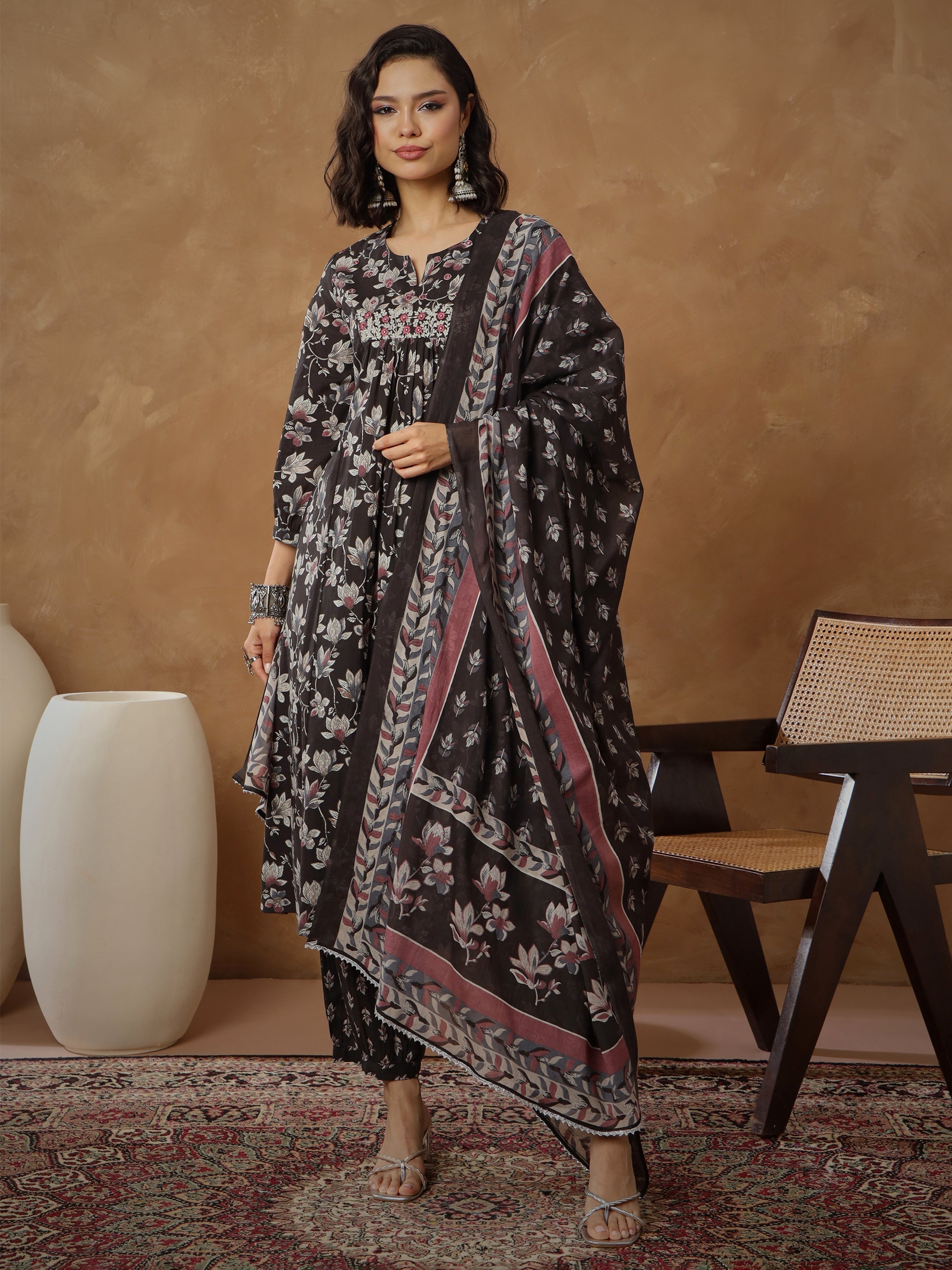 Women Black Floral Anarkali Kurta With Afghani Pants & Dupatta-SHSET96560