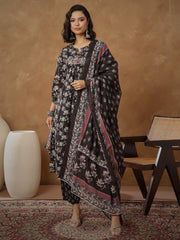 Women Black Floral Anarkali Kurta With Afghani Pants & Dupatta-SHSET96560